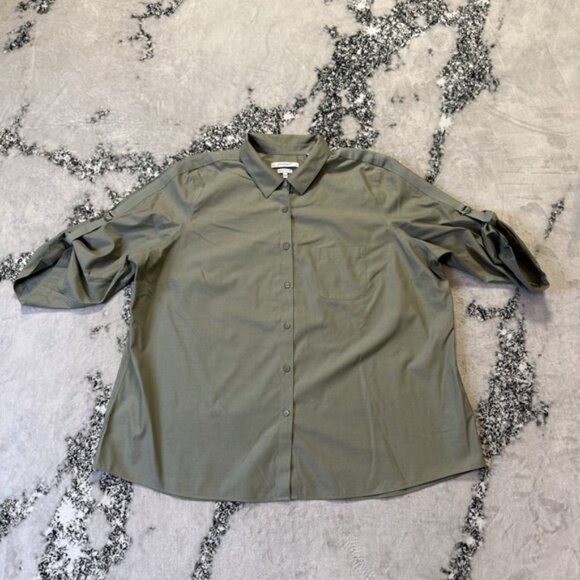 Foxcroft NYC Shirt Womens Size 24W Green Heritage Ruched Non Iron Short Sleeve - Picture 1 of 9